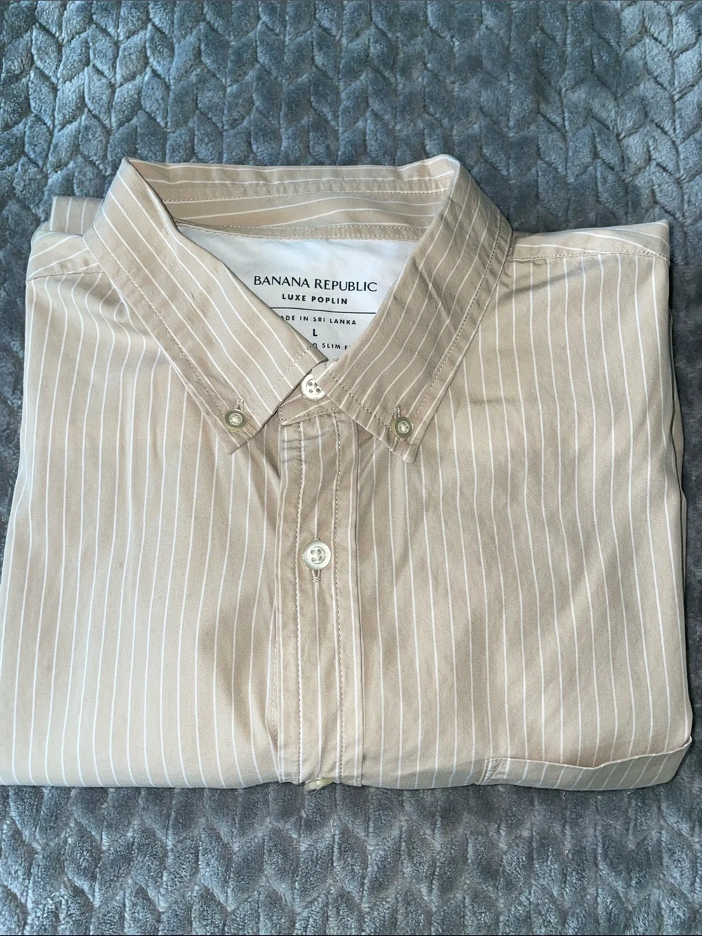 Banana Republic Luxe Poplin Men's L Tan Stripe Untucked Slim Fit Cotton Shirt